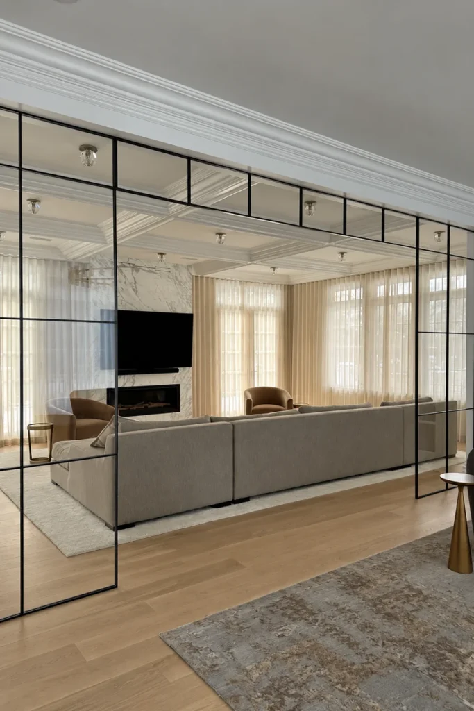 Black metal-framed glass partition with a gridded transom separating a living room with cream curtains and wood flooring.